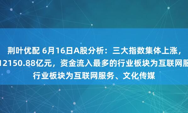 荆叶优配 6月16日A股分析：三大指数集体上涨，两市合计成交12150.88亿元，资金流入最多的行业板块为互联网服务、文化传媒